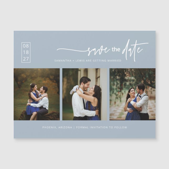 Dusty Blue Boho Photo Save the Date Magnetic Card (Anverso)
