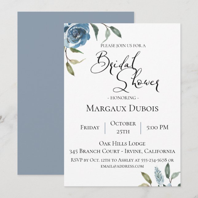 Dusty Blue Botanical Bridal Shower Invitación (Anverso / Reverso)