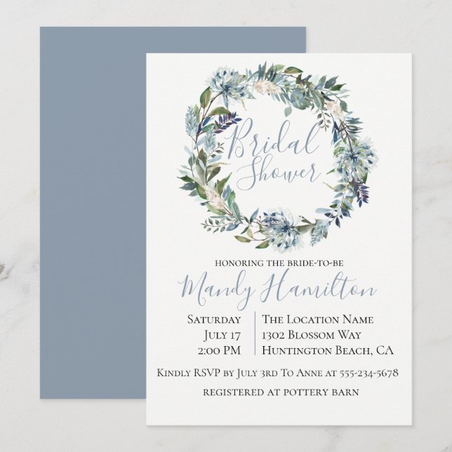 Dusty Blue Botanical Bridal Shower Invitación (Anverso / Reverso)
