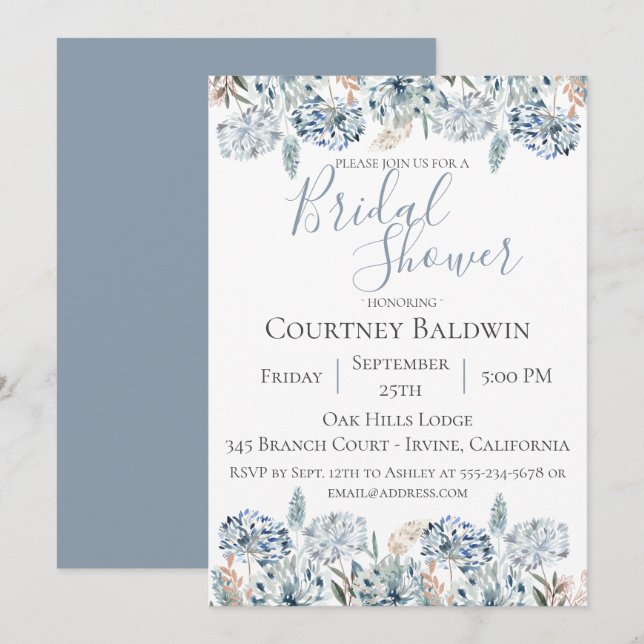 Dusty Blue Botanical Bridal Shower Invitación (Anverso / Reverso)