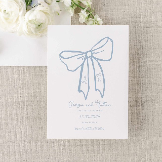 Dusty Blue Bow Guardar la invitación de fecha (dusty blue bow wedding save the date card, hand drawn bow french vintage inspired wedding)