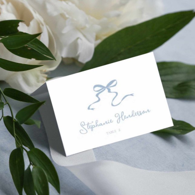 Dusty Blue Bow Tarjeta de lugar plegado (dusty blue bow wedding tent place card/ unique bow illustration folded seating card escort card)