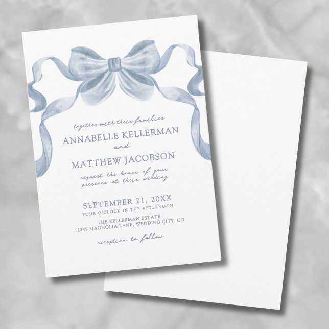 Dusty Blue Bow Whimsical Elegante Invitación a la  (Dusty Blue Bow Whimsical Elegant Wedding Invitatio Invitation)