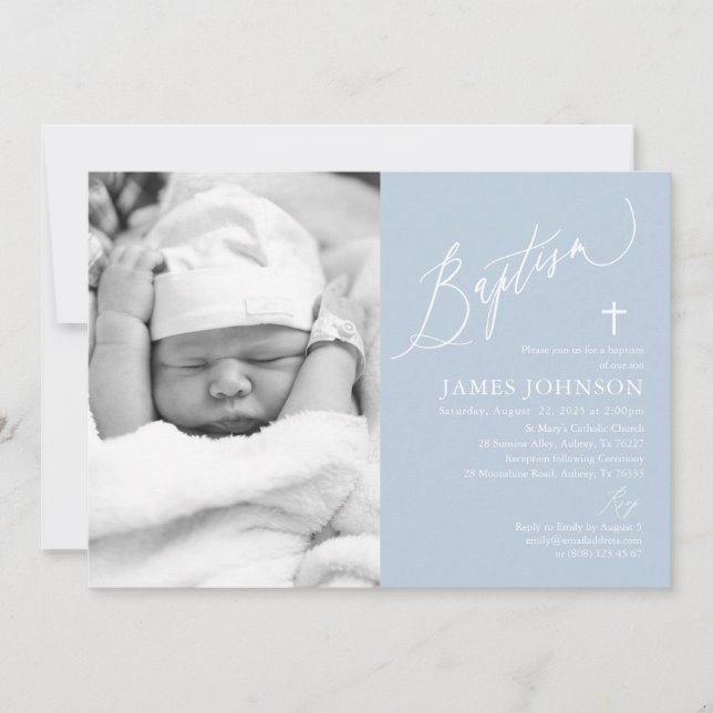 Dusty Blue Boy Baptism Invitación de foto (Anverso)