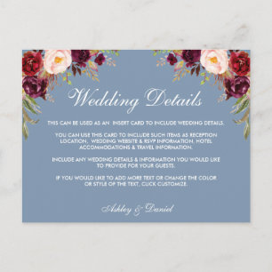 Dusty Blue Burgundy Boda Floral Tarjeta de detalle