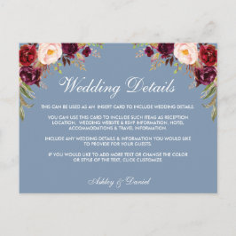 Dusty Blue Burgundy Boda Floral Tarjeta de detalle