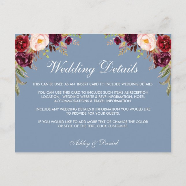 Dusty Blue Burgundy Boda Floral Tarjeta de detalle (Anverso)