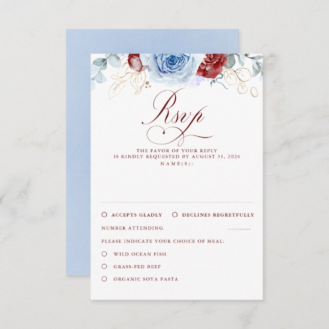 Dusty Blue Burgundy Red Flowers Wedding RSVP (Anverso / Reverso)
