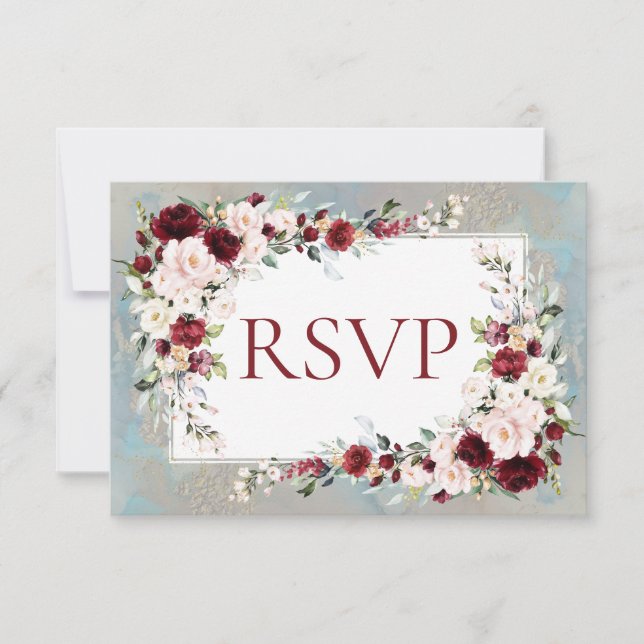 Dusty Blue Burgundy Rubor Floral RSVP (Anverso)