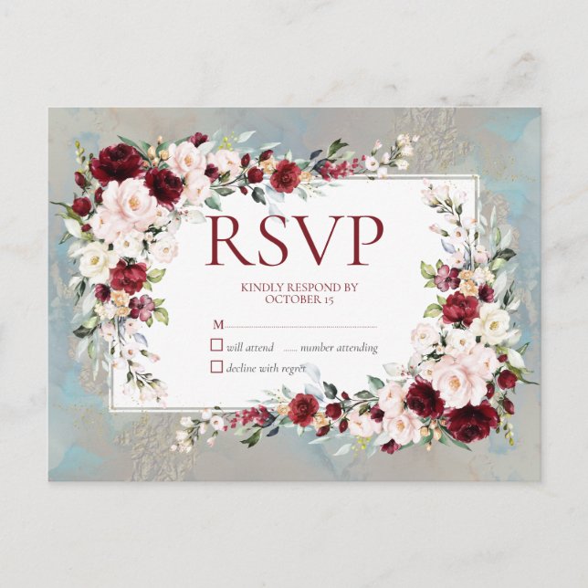 Dusty Blue Burgundy Rubor Floral Sin menú RSVP (Anverso)