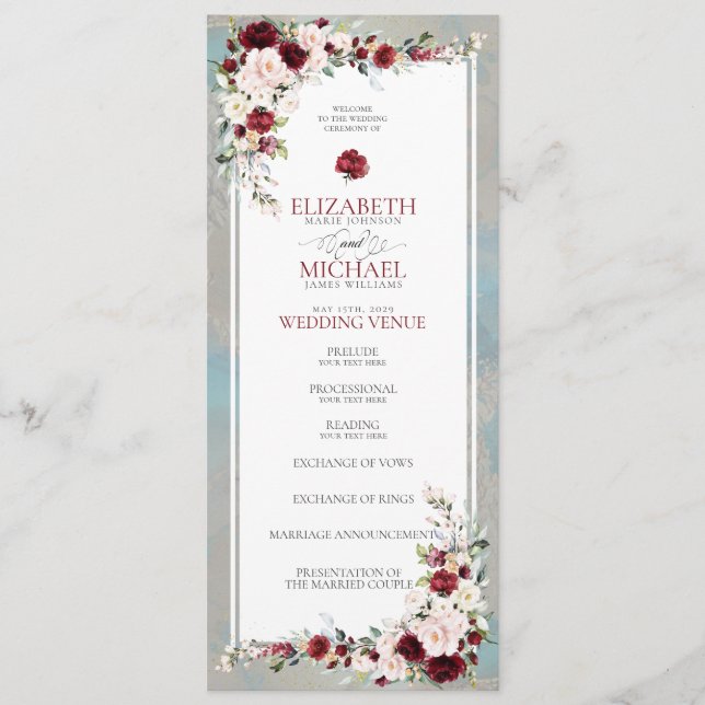 Dusty Blue Burgundy Rubor Programa de Bodas Floral (Anverso)