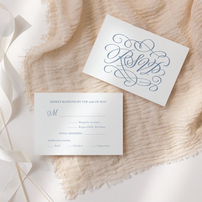 Dusty Blue Calligraphy Bodas Comidas Tarjeta RSVP (Subido por el creador)