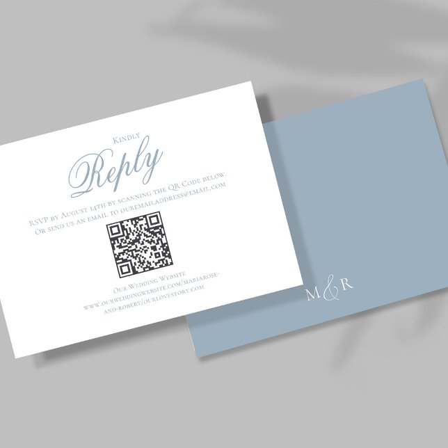 Dusty Blue Calligraphy Script RSVP Elegant (Elegant Dusty Blue Wedding RSVP card template. )