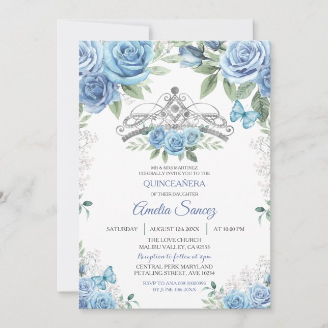 Dusty Blue Chica Mexicana Mis XV Invitaciones Anos (Anverso)