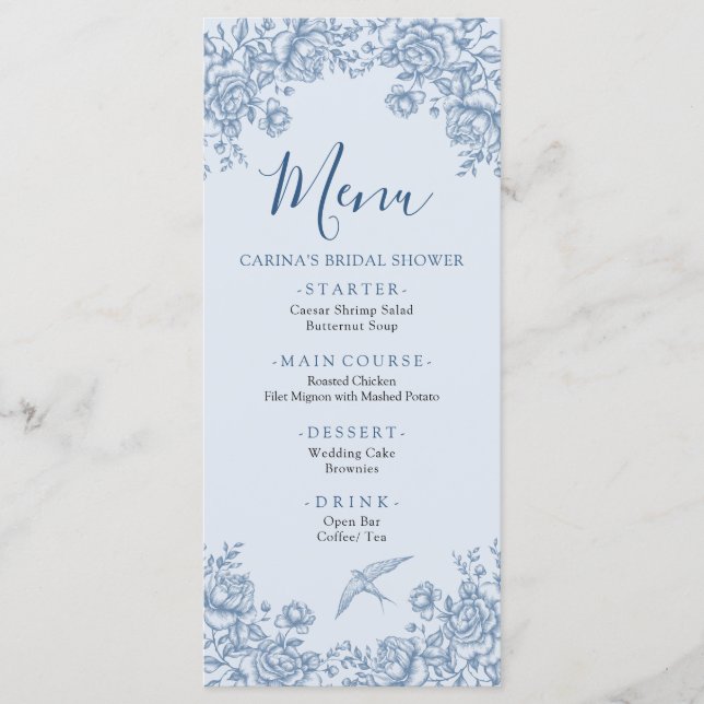 Dusty Blue Chinoiserie Bridal Shower Menú (Anverso)
