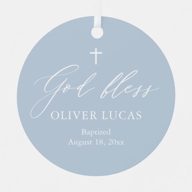 Dusty Blue Cross Boy Baptism Ornamento cerámico (Anverso)