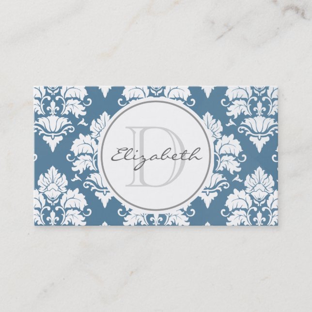 Dusty Blue Damask Monogram Tarjeta de cita (Anverso)