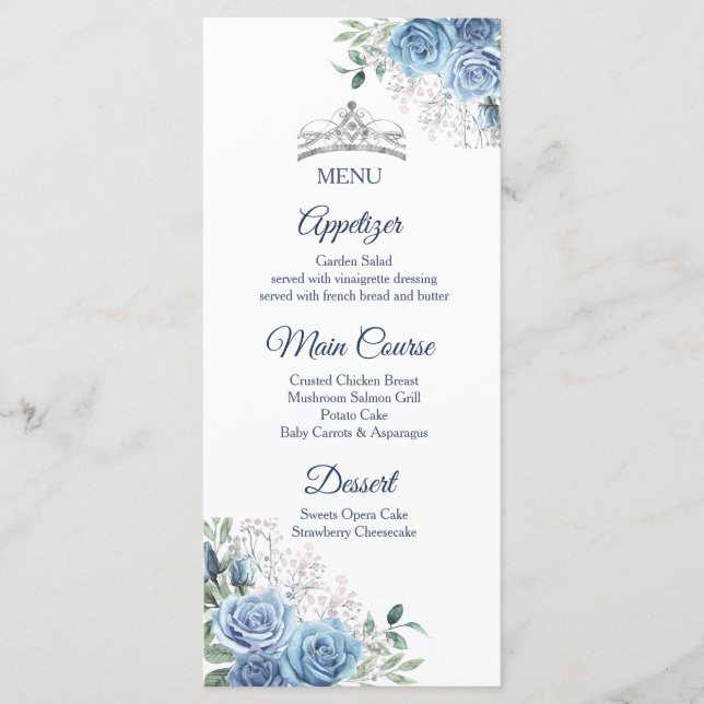 Dusty Blue Dress Carta de menú Quinceañera (Anverso)