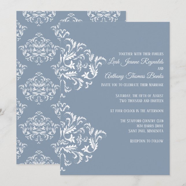 Dusty Blue Elegant Damask Invitación (Anverso / Reverso)