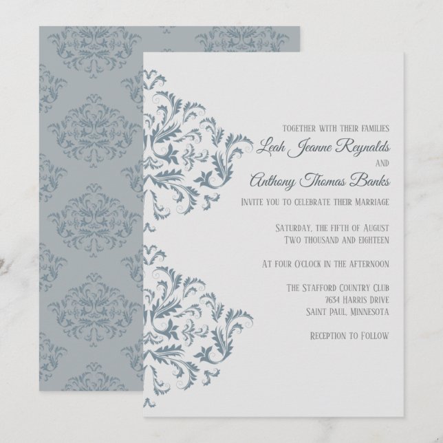 Dusty Blue Elegant Damask Invitación (Anverso / Reverso)