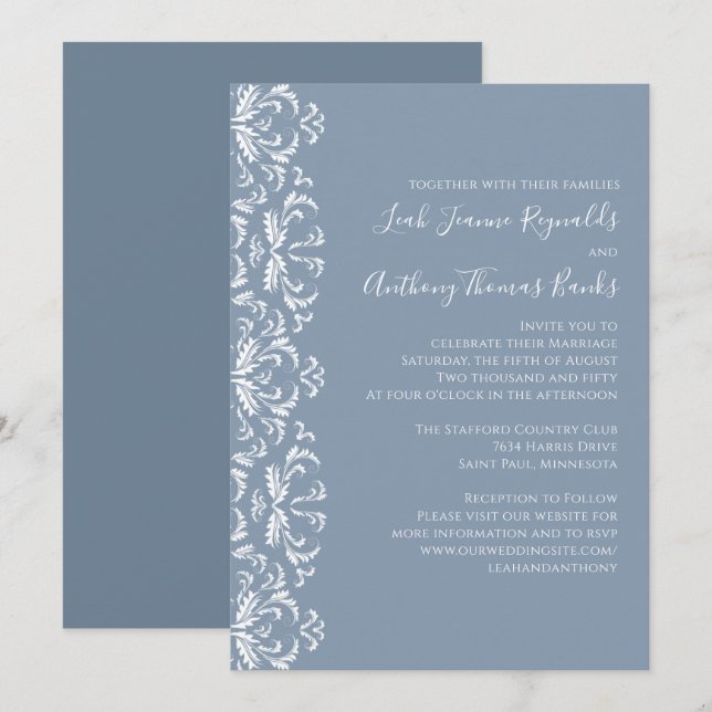 Dusty Blue Elegant Damask Invitación (Anverso / Reverso)