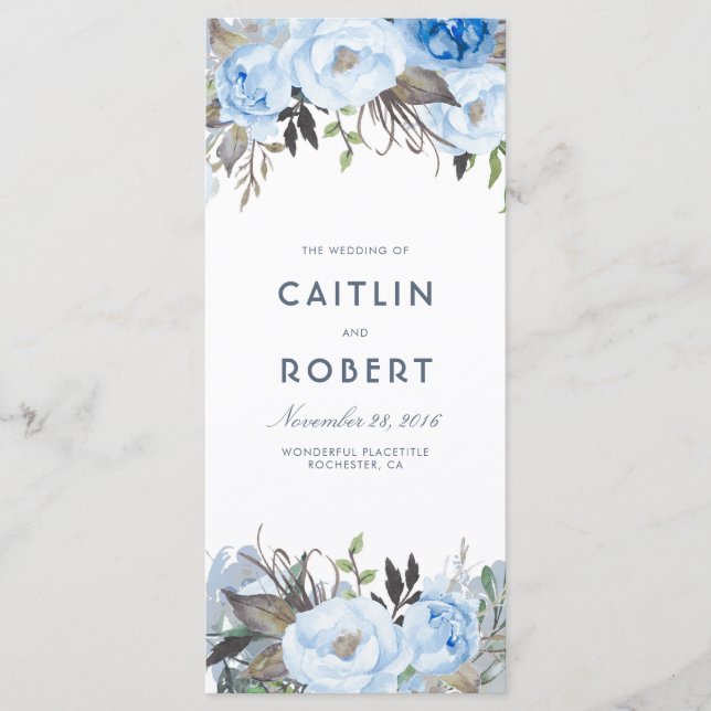 Dusty Blue Elegant Programas De Bodas Florales (Anverso)
