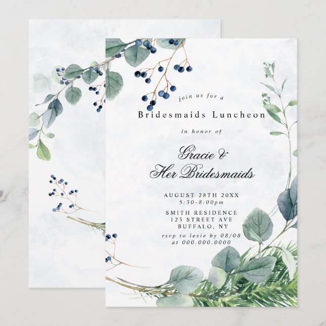 Dusty Blue Eucalyptus Bridesmaids Luncheon Invita (Anverso / Reverso)