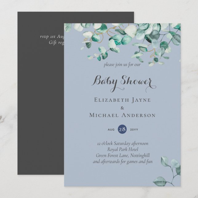 Dusty Blue Eucalyptus Greenery BABY SHOWER invita (Anverso / Reverso)