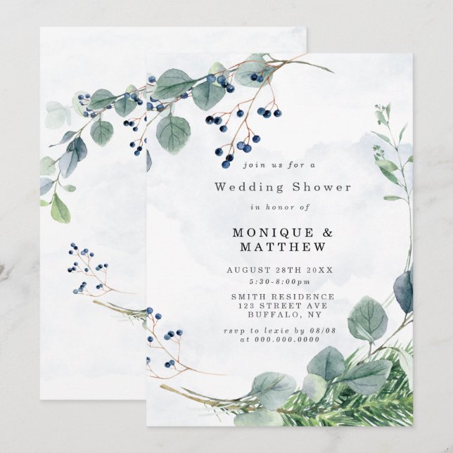 Dusty Blue Eucalyptus Invitaciones a la ducha de b (Anverso / Reverso)