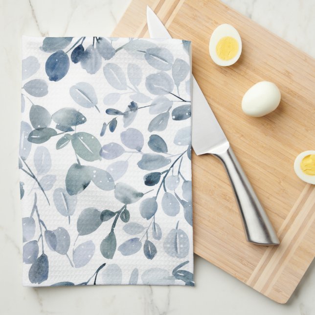 Dusty Blue Eucalyptus Navidades Cocina Toalla (Doblado Cuarto)