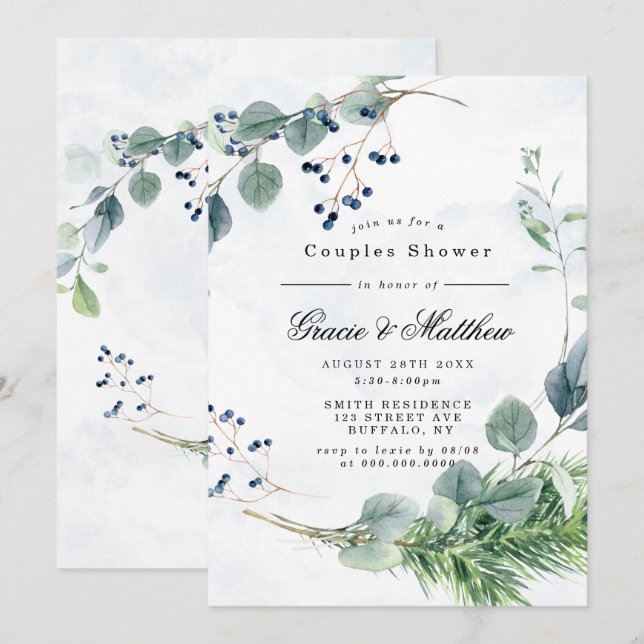 Dusty Blue Eucalyptus Parejas Invitaciones de Duch (Anverso / Reverso)