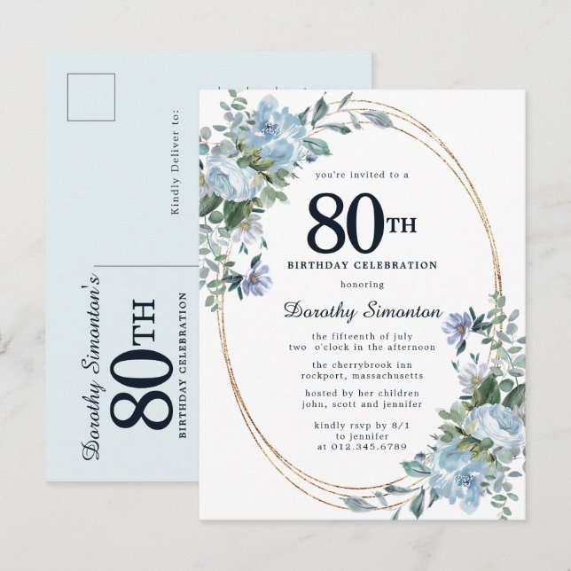 Dusty Blue Floral 80 cumpleaños Bonito invitación (Anverso / Reverso)
