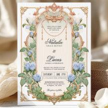 Dusty Blue Floral and Gold Wedding Invitación