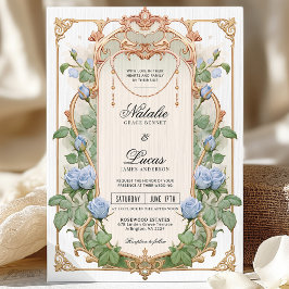 Dusty Blue Floral and Gold Wedding Invitación