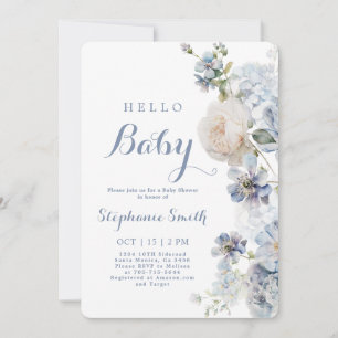 Dusty Blue Floral Baby Shower Boy Invitación
