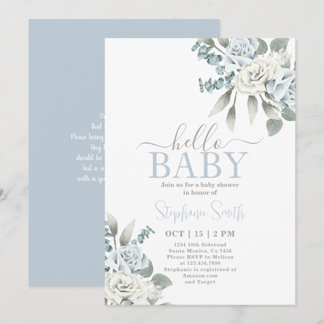 Dusty Blue Floral Baby Shower Boy Invitación (Anverso / Reverso)