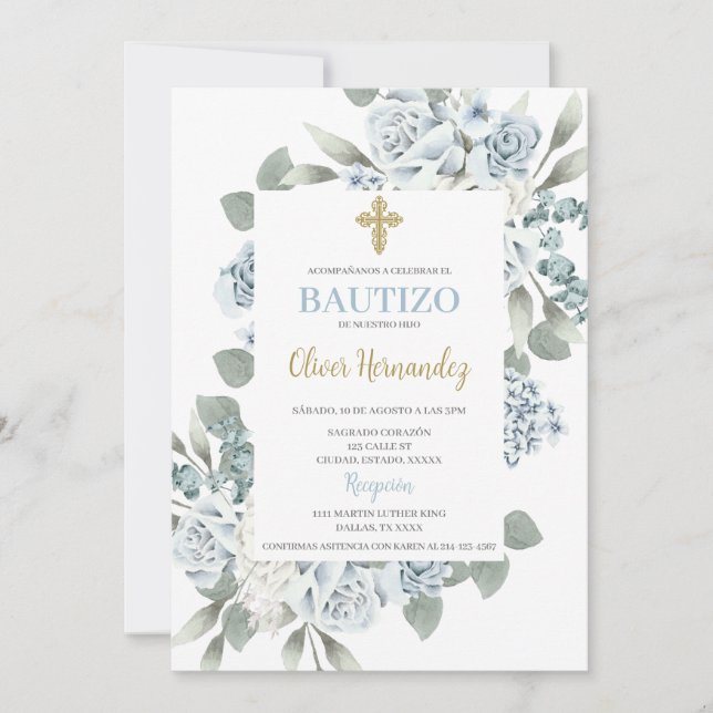 Dusty Blue Floral Bautizo Invitación española (Anverso)