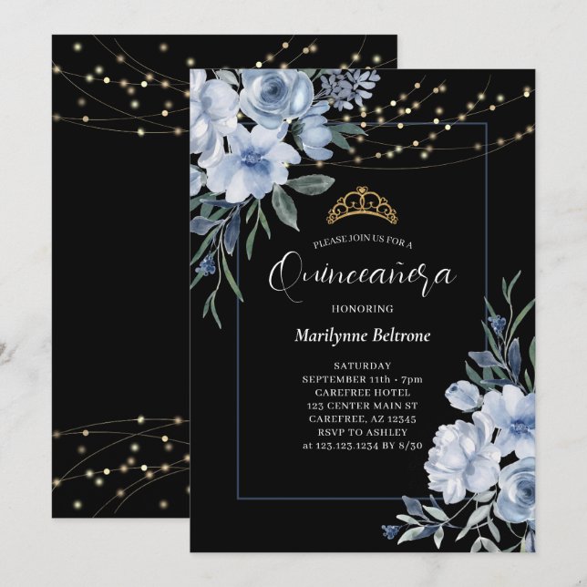 Dusty Blue Floral Black Quinceañera Invitación (Anverso / Reverso)