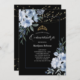 Dusty Blue Floral Black Quinceañera Invitación
