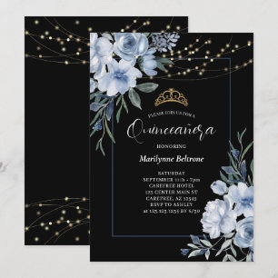 Dusty Blue Floral Black Quinceañera Invitación