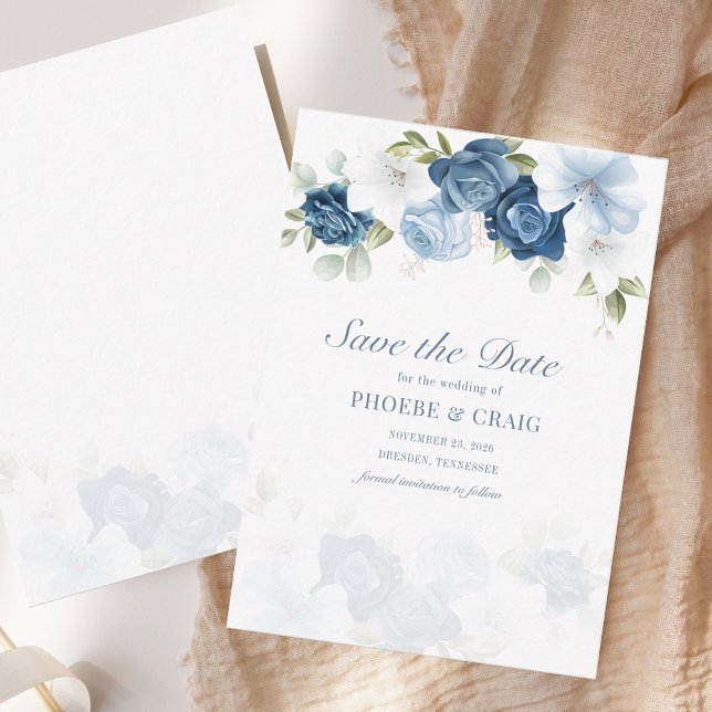 Dusty Blue Floral Bloom salva el anuncio de la fec (Dusty Blue Floral Bloom Save the Date Announcement)
