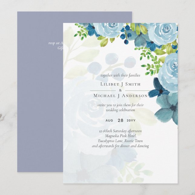 Dusty Blue Floral Boda de tendencia presupuesto (Anverso / Reverso)