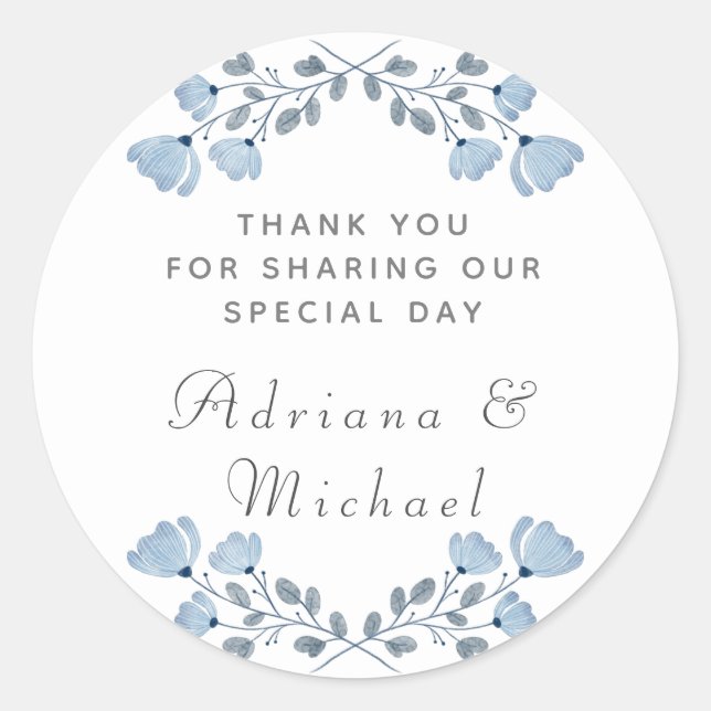 Dusty Blue Floral Boda Gracias Pegatina (Anverso)