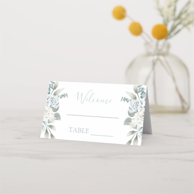 Dusty Blue floral boda tarjeta de lugar (Anverso)