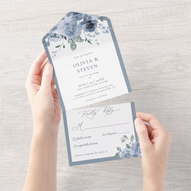 Dusty Blue Floral Boda Todo En Una Invitación (desgarro)