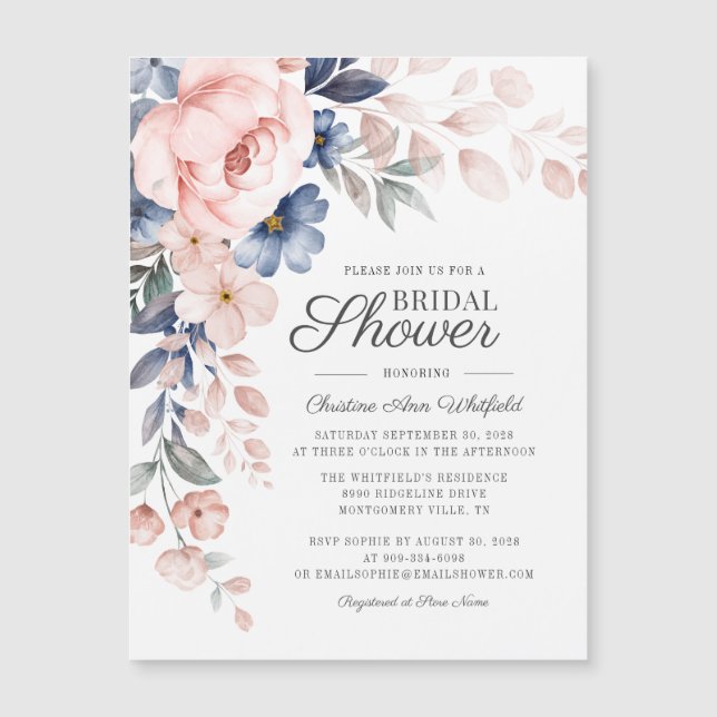 Dusty Blue Floral Botánica Script Bridal Shower (Anverso)