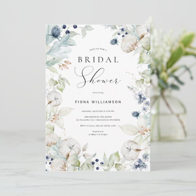 Dusty Blue Floral Bridal Shower Invitación (Anverso de pie)