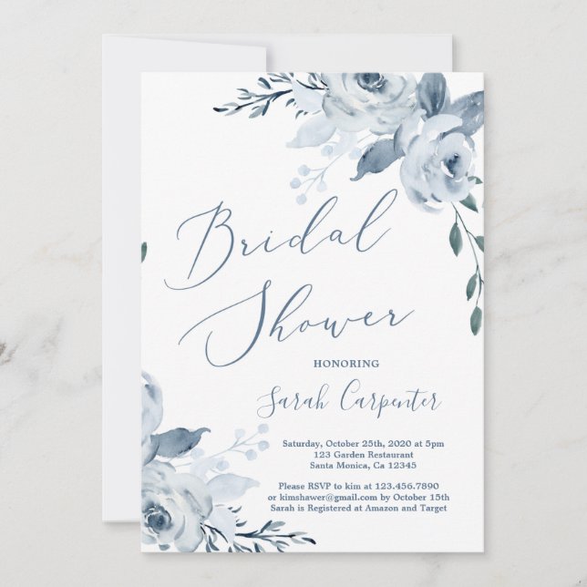 Dusty Blue floral Bridal Shower Invitación (Anverso)