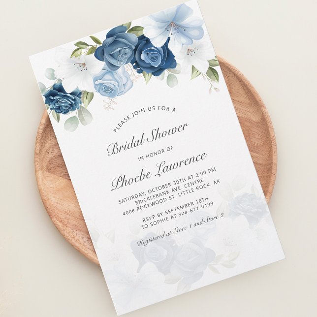 Dusty Blue Floral Bridal Shower Tarjeta de invitac (Dusty Blue Floral Script Typography Bridal Shower Invitation Stationery)