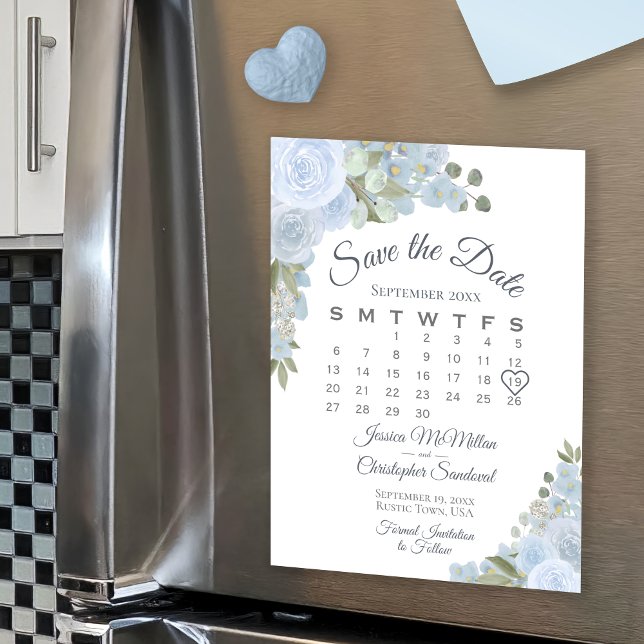 Dusty Blue Floral Calendar Save the Date Magnet (Subido por el creador)